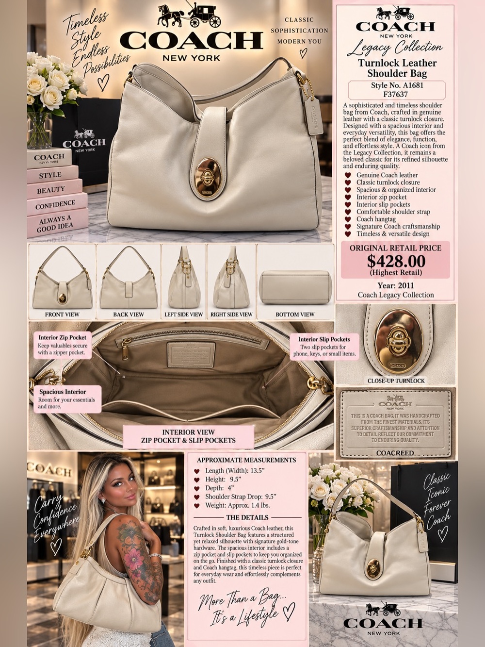 Coach Madison Carlyle Smooth Cream Leather Gold turnlock (2011) - Picture 4 of 4